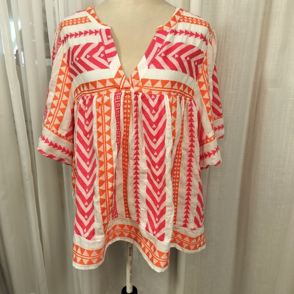2/$30 Old Navy Textured V Neck Top Pink Orange Geo Print‎ Womens Plus Size XXL